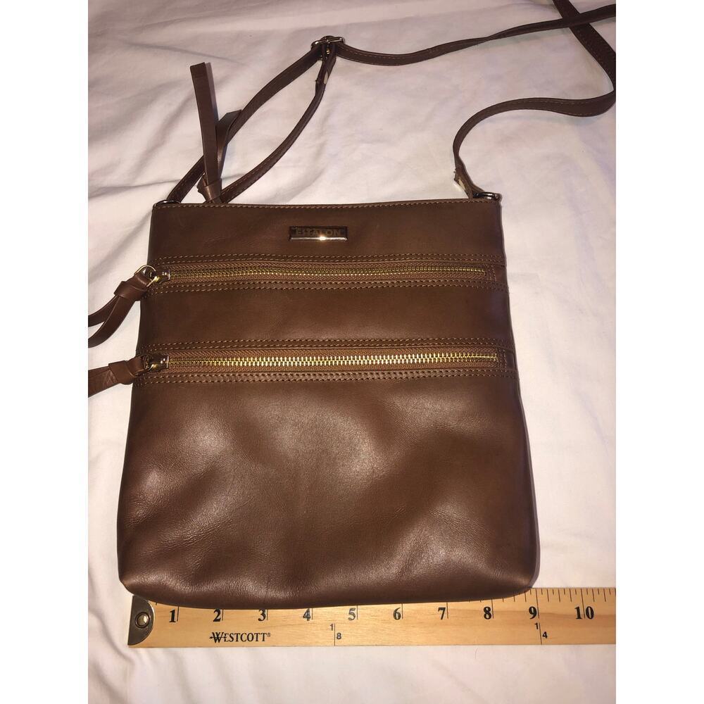 Estalon Brown Crossbody Leather Bag Outside Zip Pockets Gold Hardware Adjustable - Picture 4 of 6